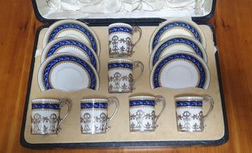 Royal Worcester - Koffieservies voor 6 - Porselein en zilver, Antiek en Kunst