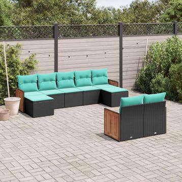 vidaXL 9-delige tuinbankset met kussens van zwart polyrotan, Verzenden