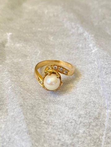 Bague - 18 carats Or jaune Perle - Diamant