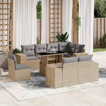 vidaXL 9-delige Loungeset met kussens poly rattan beige, Tuin en Terras, Verzenden, Nieuw, Loungeset