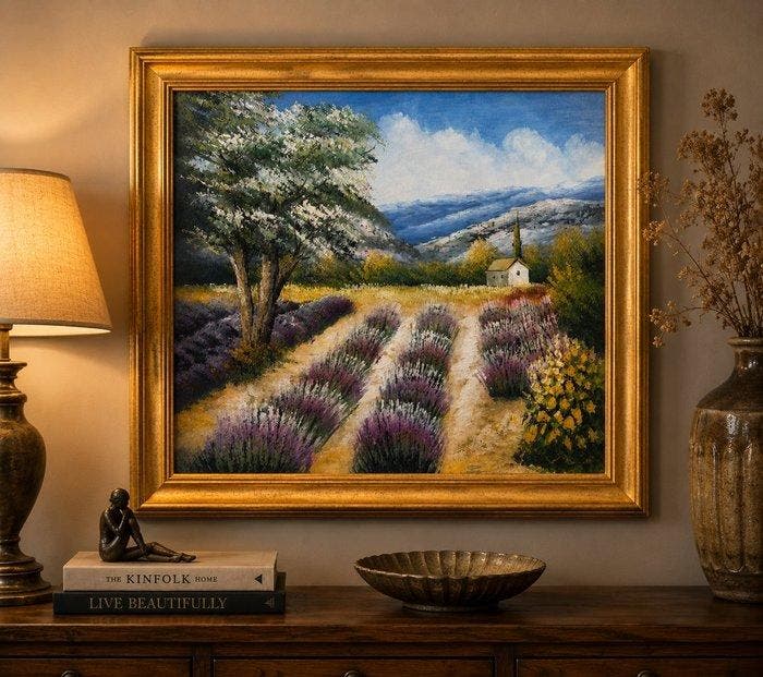 P. Brusson (XXI) - Lavender Fields in Provence by the Lake, Antiquités & Art, Art | Peinture | Classique
