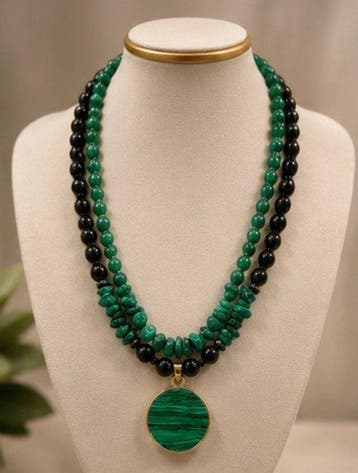 Éblouissant collier double en malachite et onyx - Collier