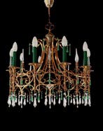 Lampe à suspendre - métal doré,cristal, Antiquités & Art