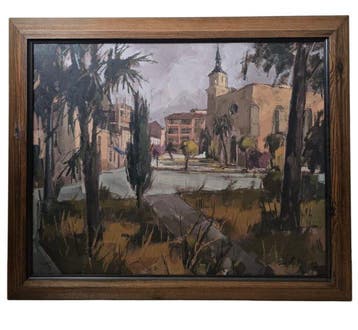 José María Díaz (XX) - Plaza Castellana con Iglesia, Antiek en Kunst