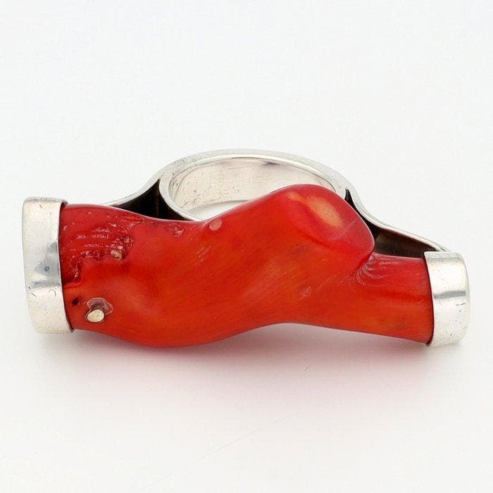 .925/1000 Zilver. Bloedkoraal - Ring, Antiquités & Art, Antiquités | Argent & Or