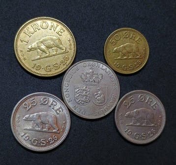 Groenland, Denemarken. Set of 5 coins: 25, 50 Øre & 1 Kroner, Gestempeld