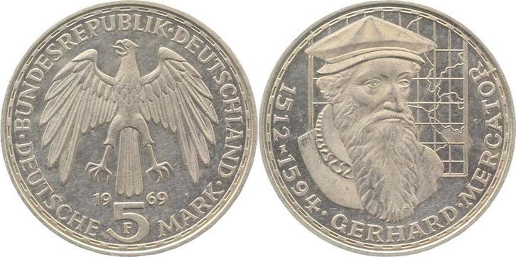 Duitsland Variante 5 Mark Mercator 1969 F J 400 mit langem R, Timbres & Monnaies, Monnaies | Europe | Monnaies non-euro, Envoi