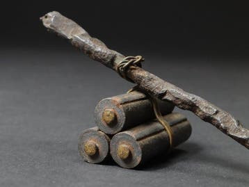 Antique Iron Sculpture of Bundled Scrolls and Staff with