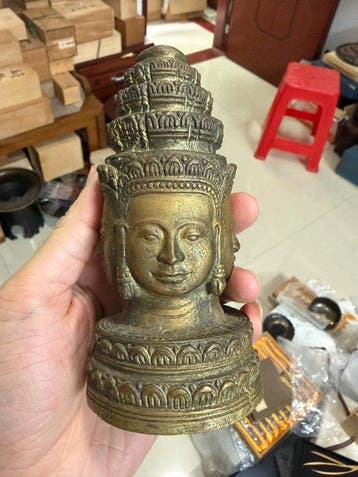 Japanese Three-Faced Buddha Head Ornament - Beeld Koper -, Antiek en Kunst