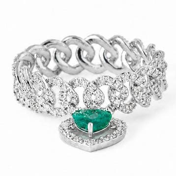 Statement ring - 14 karaat Witgoud - 1.18ct. tw. Smaragd -