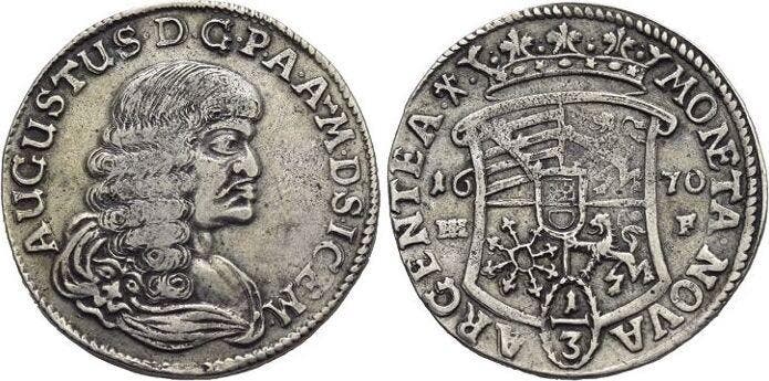 1/3 taler, daalder 1670 Magdeburg-erzbistum August von Sa..., Timbres & Monnaies, Monnaies | Europe | Monnaies non-euro, Envoi