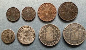 Spanje. 1726-1913: divers lot van 8 munten Spanje (waarvan 4