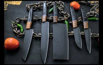 Keukenmes - Kitchen knife set - hout, zwarte plaat en staal