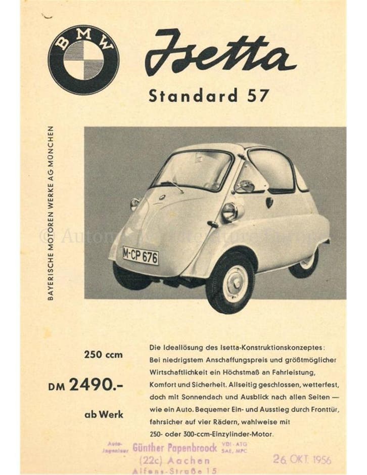 1957 BMW ISETTA LEAFLET ENGELS, Livres, Autos | Brochures & Magazines