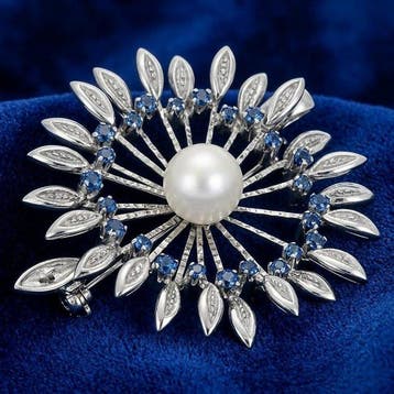 Broche - 18 carats Or blanc - 0.72ct. tw. Saphir - Perle -