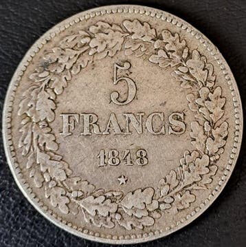 België. Leopold I. 5 Francs Léopold Ier tête laurée 1848