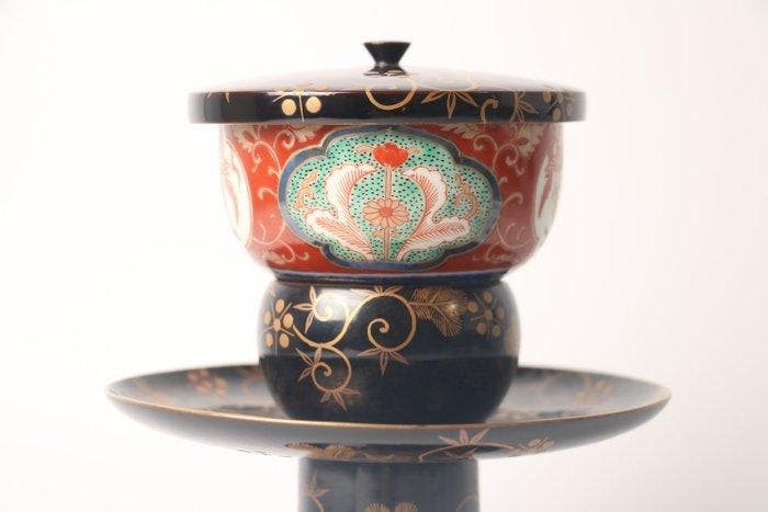 Makie-lak Tenmoku-set — theekopje met deksel en onderzetter, Antiquités & Art, Antiquités | Autres Antiquités