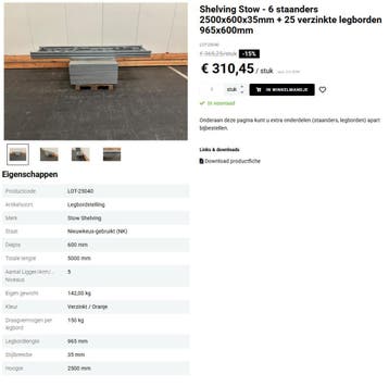 Shelving Stow - 6 staanders 2500mm + 25 legborden 965mm -15%, Ophalen