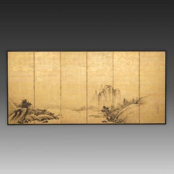 Paravent pliant  (byôbu) - papier, laque, bois, Feuille, Antiek en Kunst