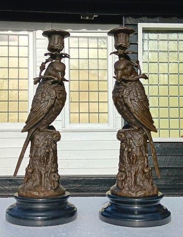 sculptuur, papagaaien kandelaars - 31 cm - brons marmer