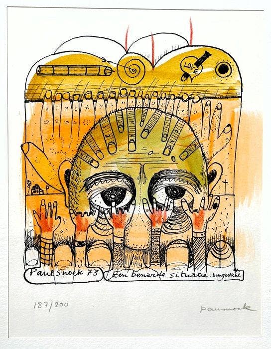 Paul Snoek (1933-1981) - Een benarde situatie: bomgedicht, Antiquités & Art, Antiquités | Autres Antiquités