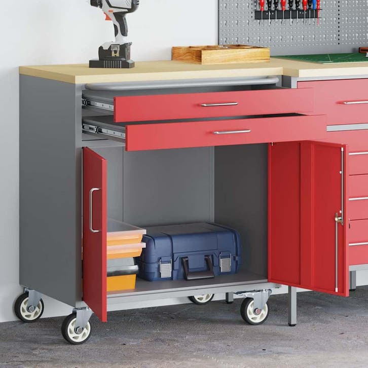 vidaXL Werkbank Rood en Grijs 75 x 45 x 85 cm Engineered, Doe-het-zelf en Bouw, Gereedschapskisten, Nieuw, Verzenden