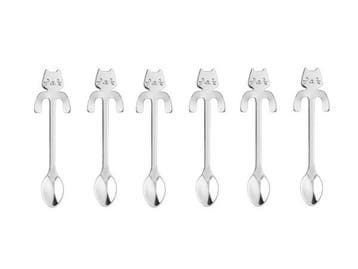 Veiling - Set van theelepels - zilver - katten design - rvs, Nieuw