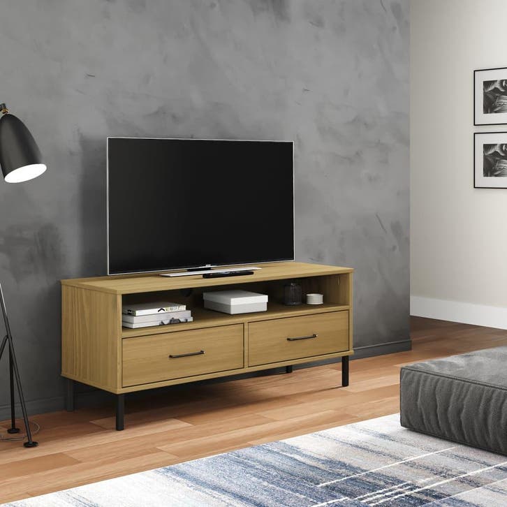 vidaXL Tv-meubel met metalen poten OSLO massief grenenhout, Huis en Inrichting, Kasten |Televisiemeubels, Nieuw, Verzenden