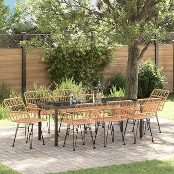 vidaXL Tuin Eettafel Set 9 pcs Bruin Gepoedercoat staal, Verzenden, Nieuw