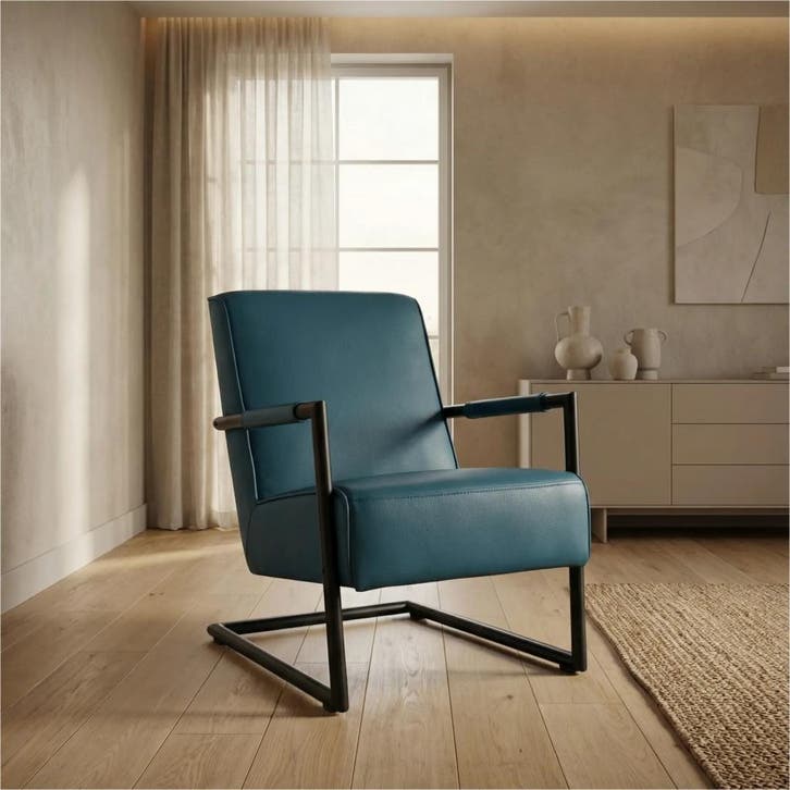 Leren fauteuil Lodge - Hermes Turquoise (blauw), Huis en Inrichting, Fauteuils, 50 tot 75 cm, 75 tot 100 cm, Nieuw, Leer, Ophalen of Verzenden