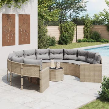 vidaXL Tuinbank met tafel en kussens rond poly rattan beige, Verzenden, Nieuw