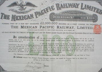 Mexico. Mexican Pacific Railway 100 £ 1889 uncancelled +