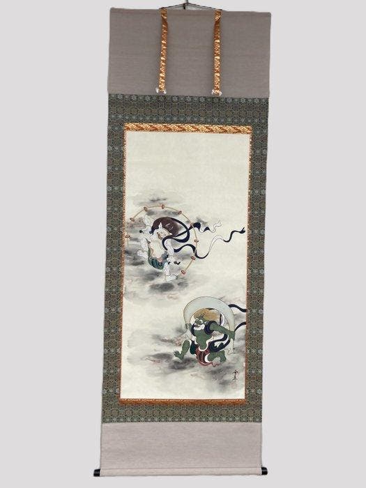 Fjin en Raijin (Wind- en Dondergoden) – Japanse hangende, Antiquités & Art, Antiquités | Autres Antiquités