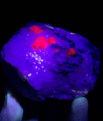Zeldzame fluoriserend roze robijnkristallen op matrix