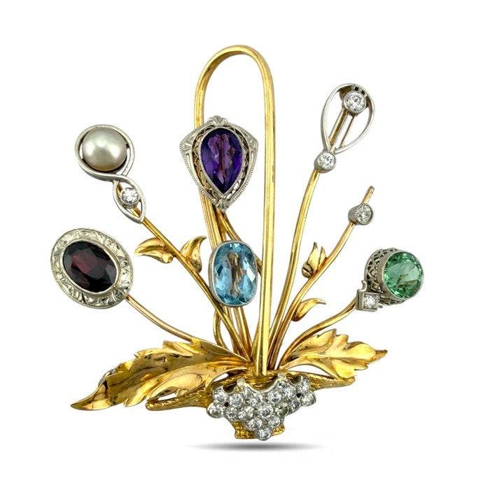 Broche - 14 carats Or jaune, Broche fleur en panier en or, Handtassen en Accessoires, Antieke sieraden