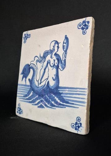 Antiek Tegel - Zeewezen - Antiek - 1650-1700 - Zeemeermin, Antiek en Kunst