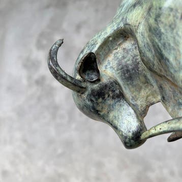 Sculpture, Bronze Sculpture of a Striking Bull - with base -
