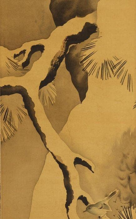 Very fine sumi-e painting Nightingale and pine amidst, Antiek en Kunst, Antiek | Overige Antiek