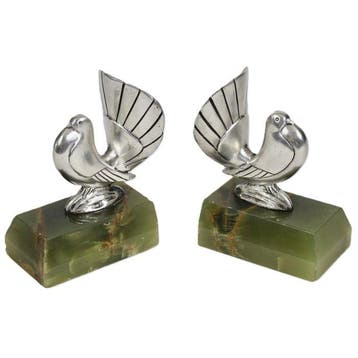 Podiebrad - Serre-livres (2) - Pigeons stylisés - Bronze
