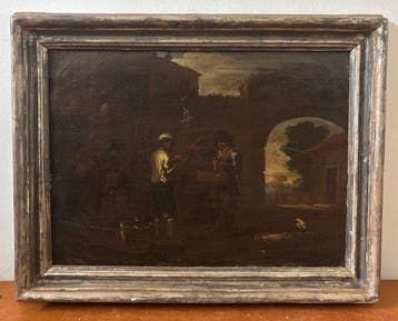 Europese school (XVII) - Paesaggio con pastori, Antiek en Kunst