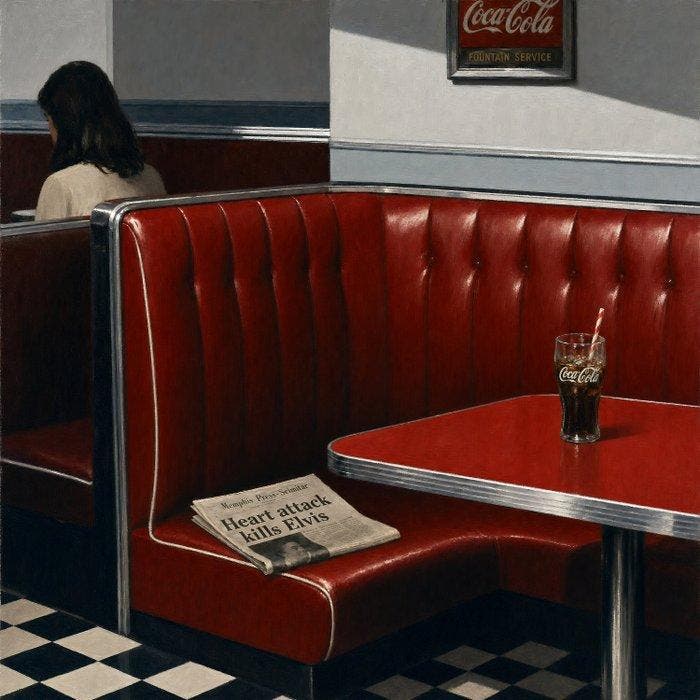 Le Yack - The Day the King Died — Memphis Diner, August 1977, Antiek en Kunst, Kunst | Designobjecten