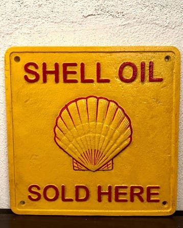 No reserve-Zwaar gietijzeren reclamebord Shell oil sold here