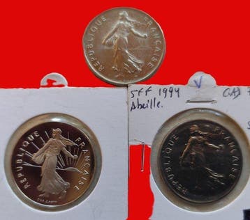 France. 5 Francs 1994 Dauphin, Abeille et BE (lot de 3