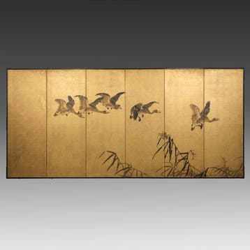 Vouwscherm met ganzen sumi-e - Papier, Goudblad, gelakt hout