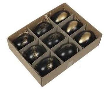 Kippeneieren Zwart met gouden veren opdruk 6 cm doos 9 stuks, Nieuw