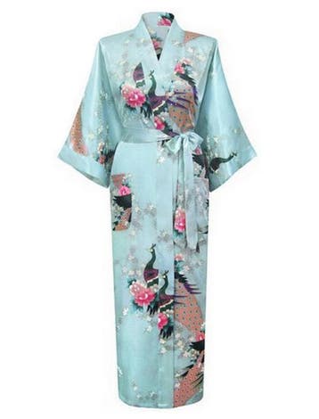 KIMU® Kimono Lichtblauw 7/8e M-L Yukata Satijn Boven dekel L, Ophalen of Verzenden, Nieuw