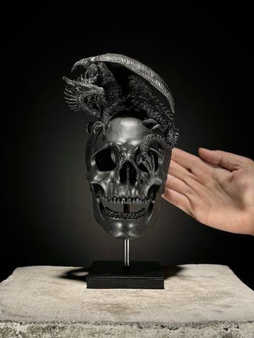 Beeld, NO RESERVE PRICE - Human Skull Dragon on custom stand