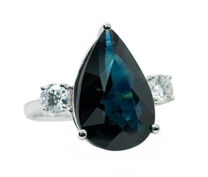 Ring - 14 karaat Witgoud, Deep Blue (No Heat) - 10.20ct. tw., Handtassen en Accessoires, Ringen