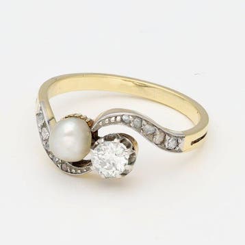 Ring - 14 karaat Geel goud, Platina Parel - Diamant, Nieuw