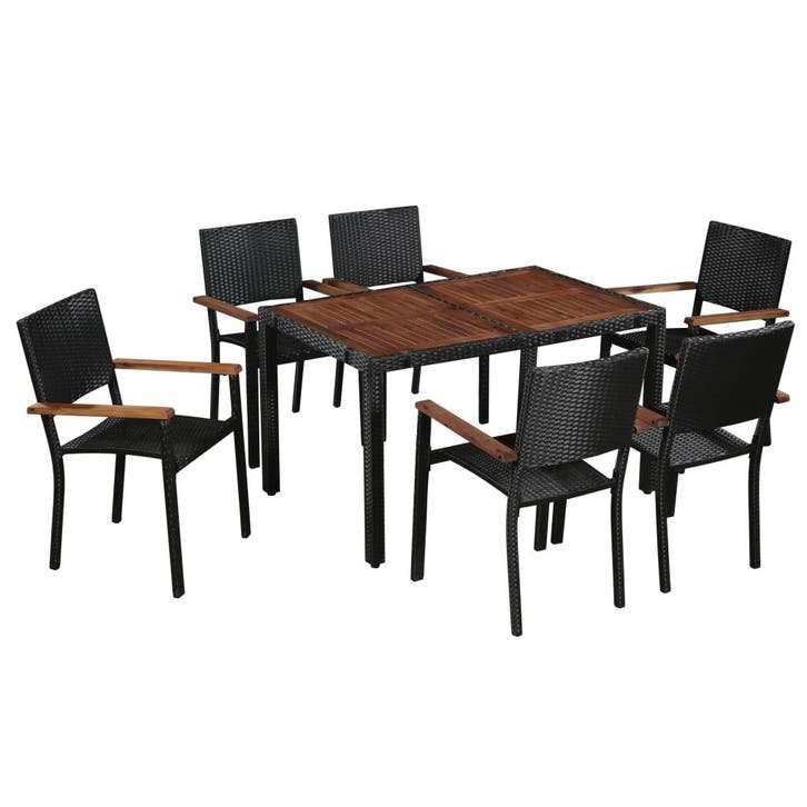 vidaXL 7-delige Tuinset poly rattan en acaciahout zwart, Tuin en Terras, Tuinsets en Loungesets, Tuinset, Nieuw, Verzenden